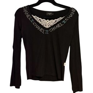 Chanel Black Long Sleeve Top with White Lace Accent sz sm-L